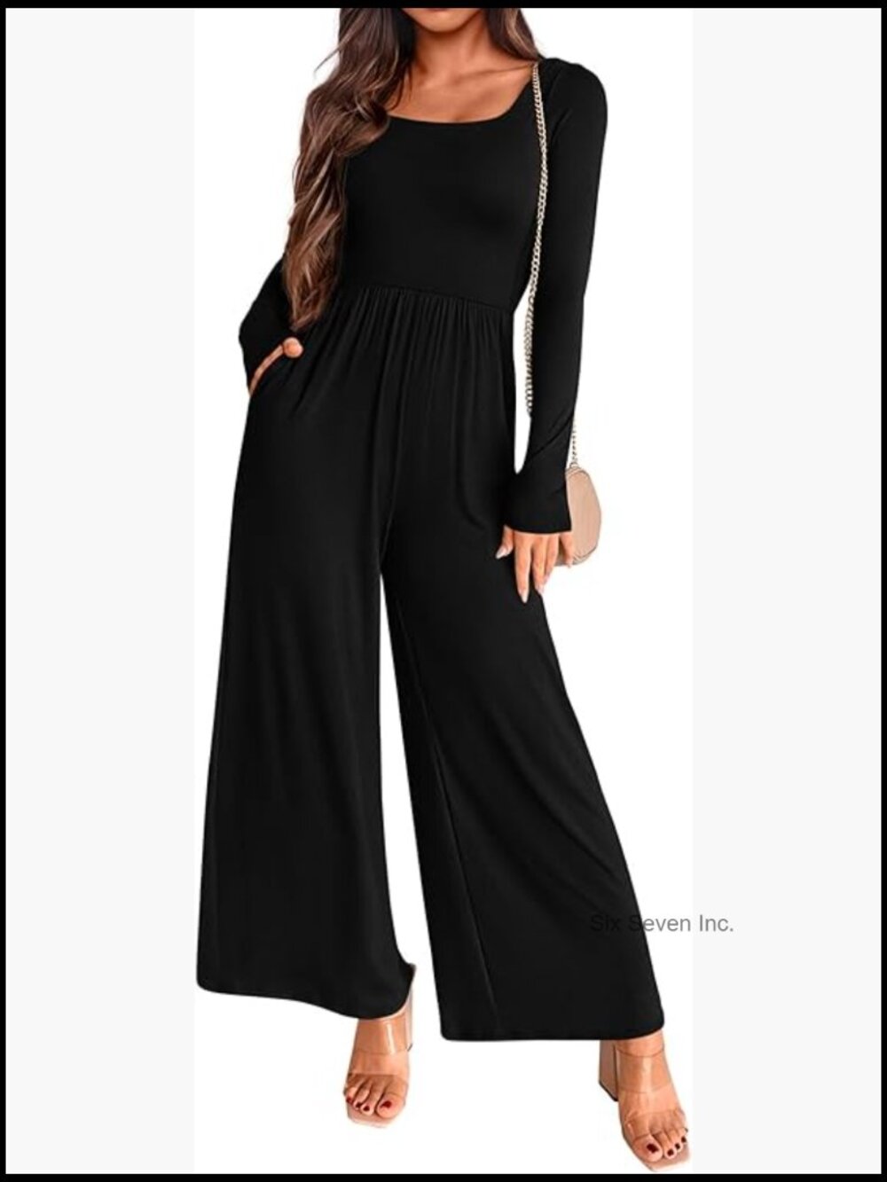 Long Sleeve Jumpsuit for Women Square Neck Wide Leg Pockets Romper - Picture 1 of 7